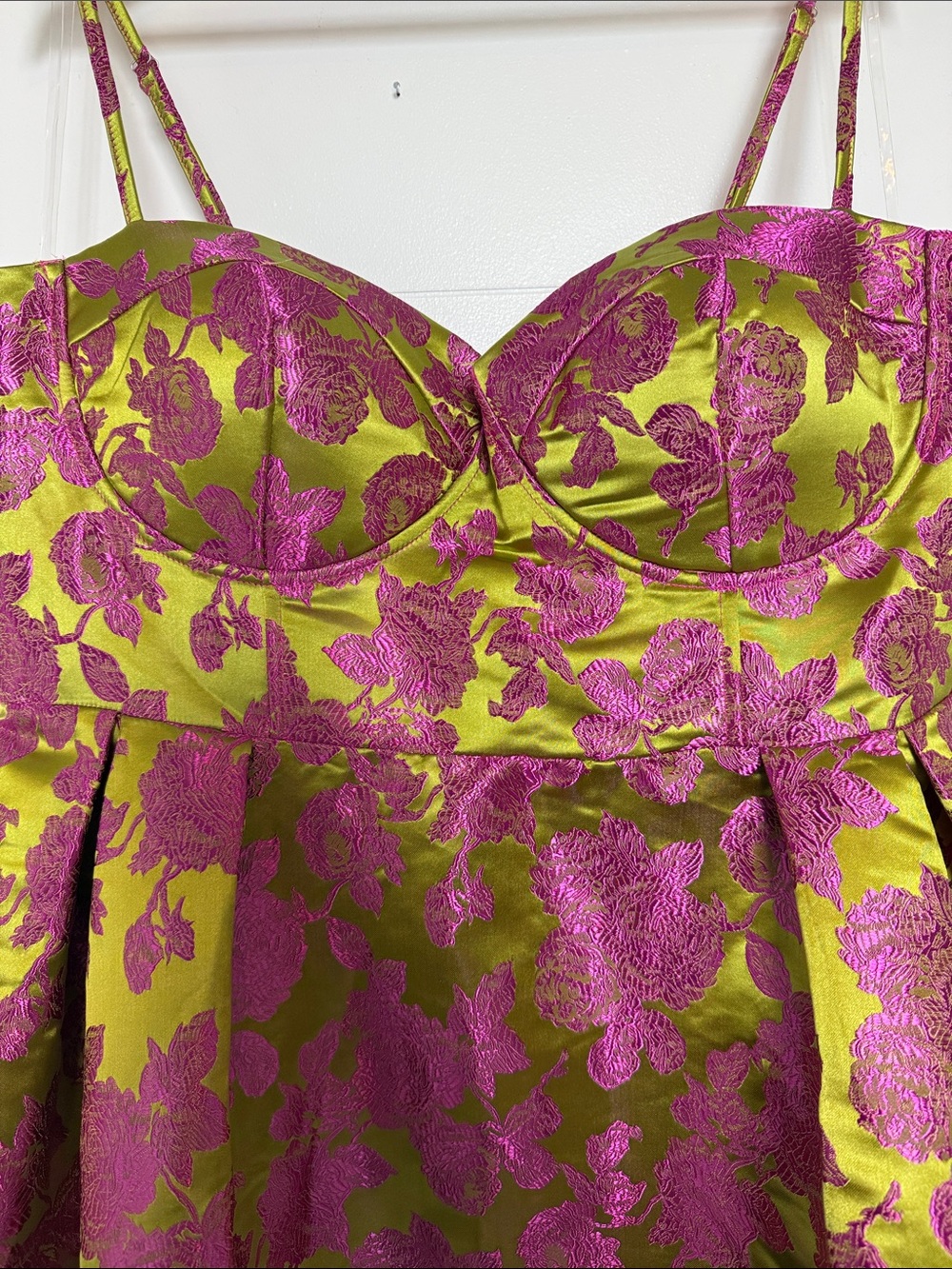 NWT Fashion Nova Lux Pink & Lime Floral Brocade Bustier Midi Dress - Picture 3 of 11
